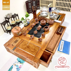 Bộ bàn pha trà điện thông minh đa năng cao cấp gỗ hương L0802 có ngăn kéo để đồ và khay đốt trầm