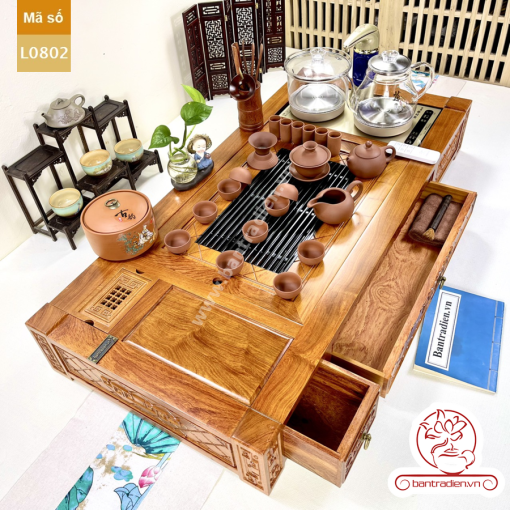 Bộ bàn pha trà điện thông minh đa năng cao cấp gỗ hương L0802 có ngăn kéo để đồ và khay đốt trầm