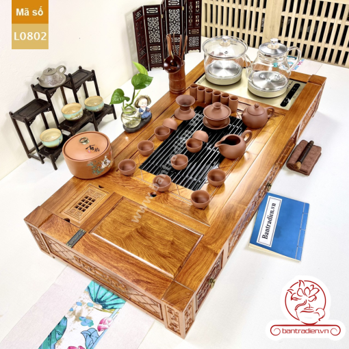 Bộ bàn pha trà điện thông minh đa năng cao cấp gỗ hương L0802 có ngăn kéo để đồ và khay đốt trầm