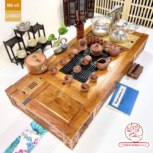 Bộ bàn pha trà điện thông minh đa năng cao cấp gỗ hương L0802 có ngăn kéo để đồ và khay đốt trầm