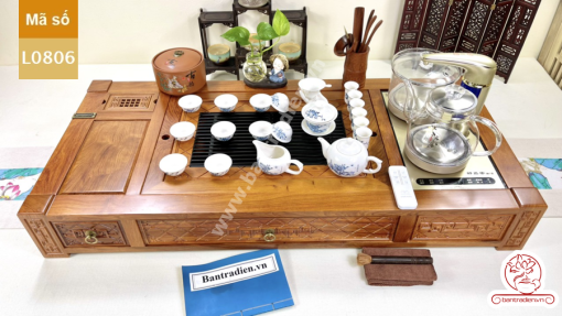 Bộ bàn pha trà điện thông minh đa năng cao cấp gỗ hương L0806 có ngăn kéo để đồ và khay đốt trầm