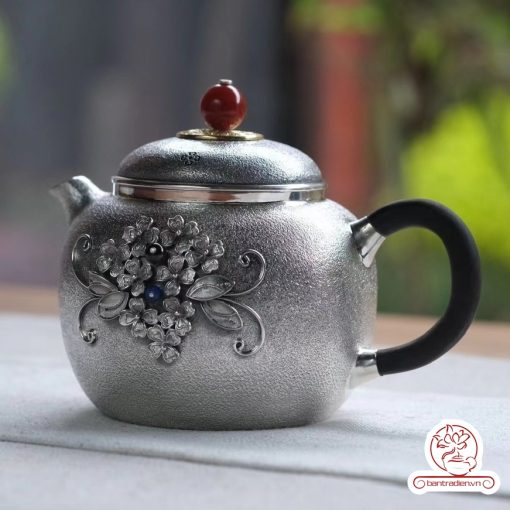 ấm pha trà bạc nguyên chất chế tác thủ công tinh xảo AB040