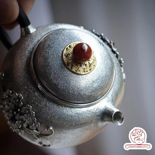 ấm pha trà bạc nguyên chất chế tác thủ công tinh xảo AB040
