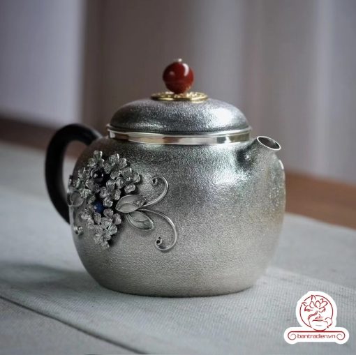 ấm pha trà bạc nguyên chất chế tác thủ công tinh xảo AB040