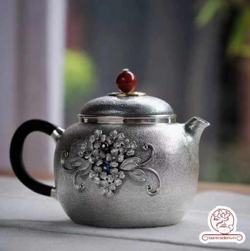 ấm pha trà bạc nguyên chất chế tác thủ công tinh xảo AB040