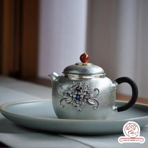 ấm pha trà bạc nguyên chất chế tác thủ công tinh xảo AB040