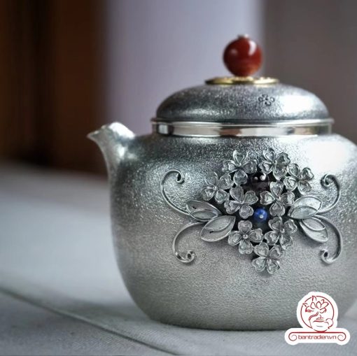 ấm pha trà bạc nguyên chất chế tác thủ công tinh xảo AB040