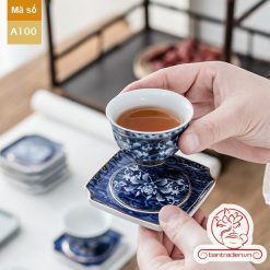 bộ ấm chén pha uống trà đạo họa tiết vẽ vàng A100