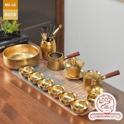 bộ ấm chén pha uống trà đạo thien muc quai chieu ma vang 24k A028