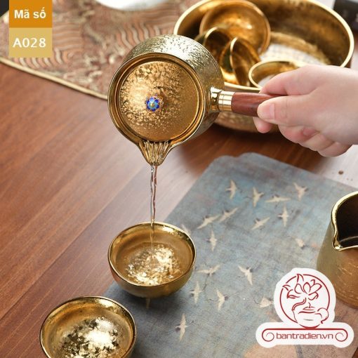 bộ ấm chén pha uống trà đạo thien muc quai chieu ma vang 24k A028