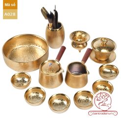 bộ ấm chén pha uống trà đạo thien muc quai chieu ma vang 24k A028