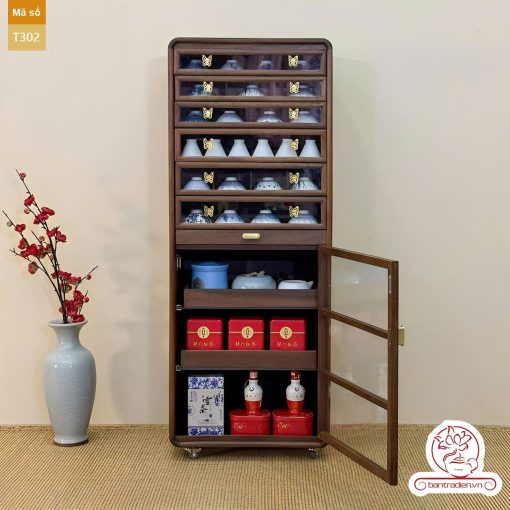 Tủ kệ trà kích thước lơn trưng bày ấm chén dụng cụ trà trang trí không gian trà đạo. Tủ kệ trà dùng trang trí trong phòng khách. Tủ kệ trưng bày ấm chén dụng cụ trà đa năng nhiều ngăn T300