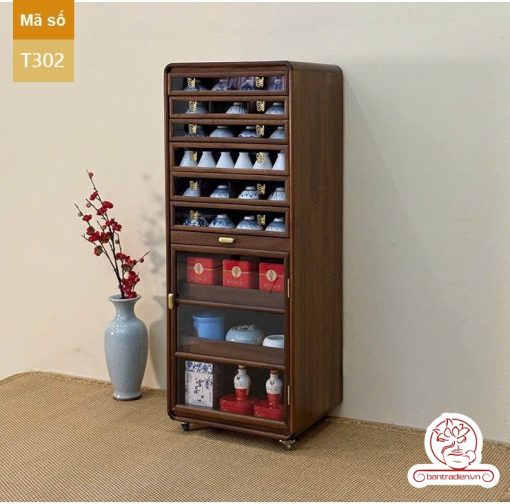 Tủ kệ trà kích thước lơn trưng bày ấm chén dụng cụ trà trang trí không gian trà đạo. Tủ kệ trà dùng trang trí trong phòng khách. Tủ kệ trưng bày ấm chén dụng cụ trà đa năng nhiều ngăn T302
