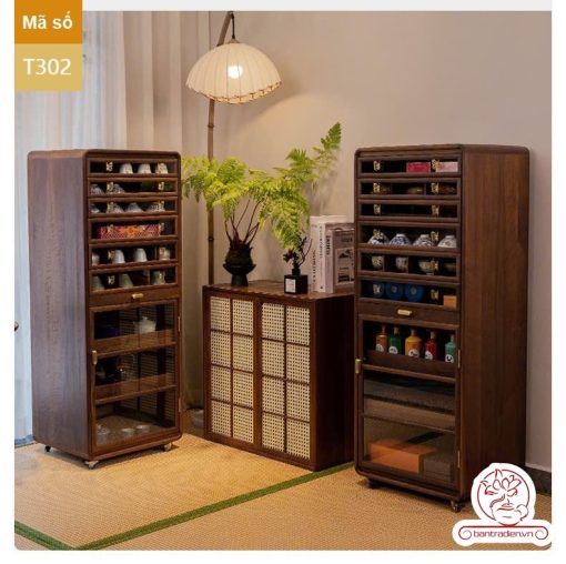 Tủ kệ trà kích thước lơn trưng bày ấm chén dụng cụ trà trang trí không gian trà đạo. Tủ kệ trà dùng trang trí trong phòng khách. Tủ kệ trưng bày ấm chén dụng cụ trà đa năng nhiều ngăn T302