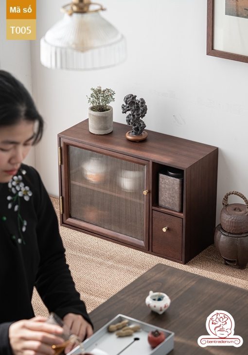 Tủ kệ trà trưng bày ấm chén dụng cụ trà trang trí không gian trà đạo. Tủ kệ trà dùng trong phòng khách. Tủ kệ trưng bày ấm chén dụng cụ trà 02 tầng size bé T002