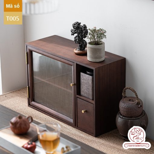 Tủ kệ trà trưng bày ấm chén dụng cụ trà trang trí không gian trà đạo. Tủ kệ trà dùng trong phòng khách. Tủ kệ trưng bày ấm chén dụng cụ trà 02 tầng size bé T002