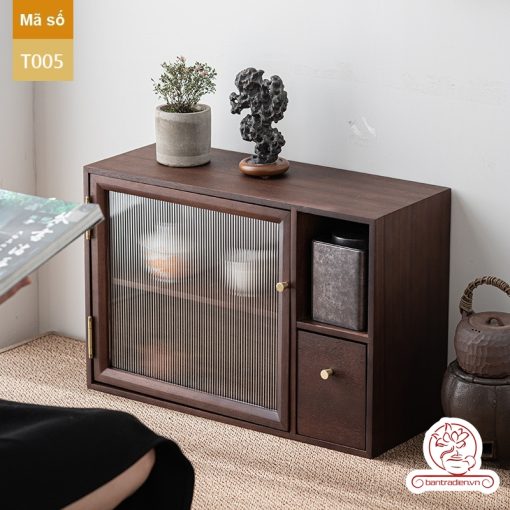 Tủ kệ trà trưng bày ấm chén dụng cụ trà trang trí không gian trà đạo. Tủ kệ trà dùng trong phòng khách. Tủ kệ trưng bày ấm chén dụng cụ trà 02 tầng size bé T002