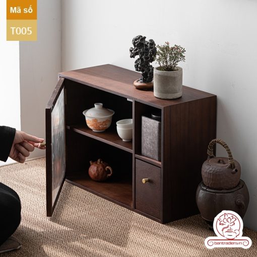 Tủ kệ trà trưng bày ấm chén dụng cụ trà trang trí không gian trà đạo. Tủ kệ trà dùng trong phòng khách. Tủ kệ trưng bày ấm chén dụng cụ trà 02 tầng size bé T002