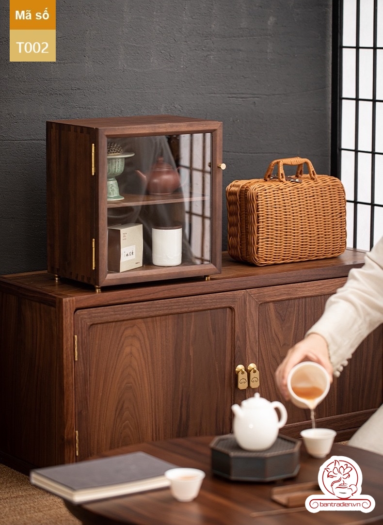 Tủ kệ trưng bày ấm chén dụng cụ trà trang trí không gian trà đạo. Tủ kệ trà dùng trong phòng khách. Tủ kệ trưng bày ấm chén dụng cụ trà 02 tầng size bé T002