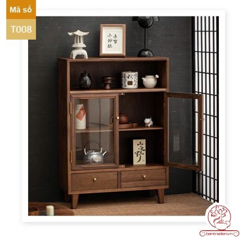 Tủ kệ trà trưng bày ấm chén dụng cụ trà trang trí không gian trà đạo. Tủ kệ trà dùng trong phòng khách. Tủ kệ trưng bày ấm chén dụng cụ trà 02 tầng size bé T008