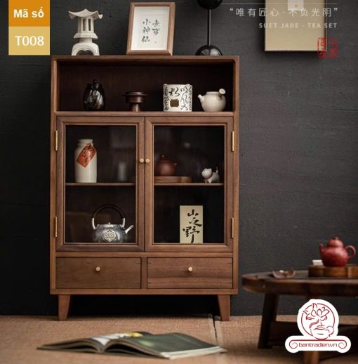 Tủ kệ trà trưng bày ấm chén dụng cụ trà trang trí không gian trà đạo. Tủ kệ trà dùng trong phòng khách. Tủ kệ trưng bày ấm chén dụng cụ trà 02 tầng size bé T008