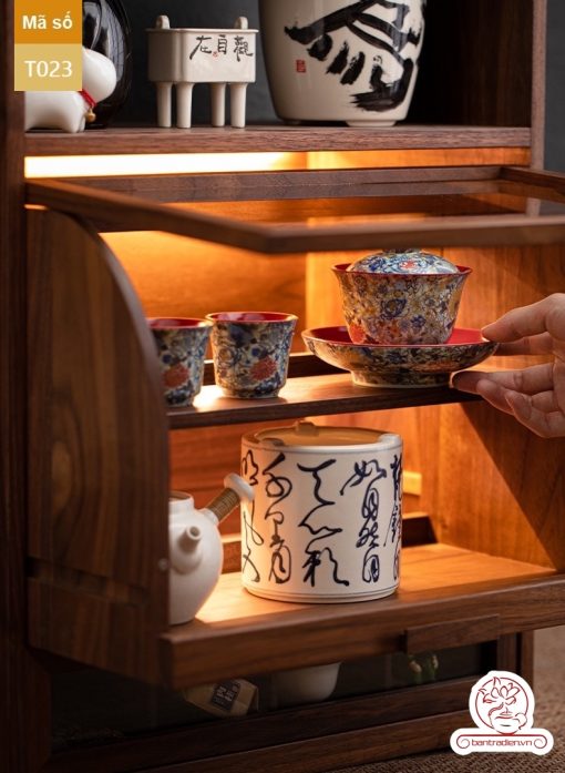Tủ kệ trà trưng bày ấm chén dụng cụ trà trang trí không gian trà đạo. Tủ kệ trà dùng trang trí trong phòng khách. Tủ kệ trưng bày ấm chén dụng cụ trà đa năng T023