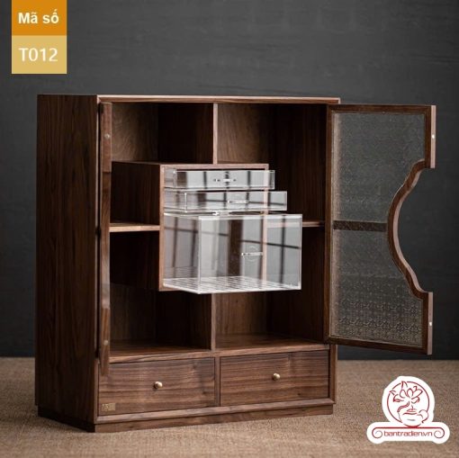 Tủ kệ trà kết hợp bàn pha trà, trưng bày ấm chén dụng cụ trà trang trí không gian trà đạo. Tủ kệ trà dùng trang trí trong phòng khách. Tủ kệ trưng bày ấm chén dụng cụ trà đa năng T012