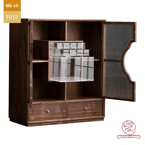 Tủ kệ trà kết hợp bàn pha trà, trưng bày ấm chén dụng cụ trà trang trí không gian trà đạo. Tủ kệ trà dùng trang trí trong phòng khách. Tủ kệ trưng bày ấm chén dụng cụ trà đa năng T012