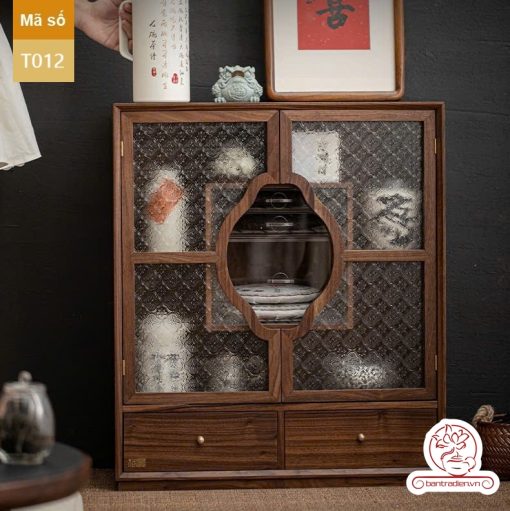 Tủ kệ trà kết hợp bàn pha trà, trưng bày ấm chén dụng cụ trà trang trí không gian trà đạo. Tủ kệ trà dùng trang trí trong phòng khách. Tủ kệ trưng bày ấm chén dụng cụ trà đa năng T012