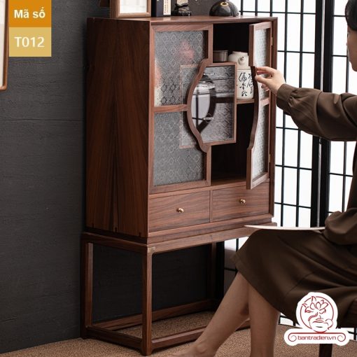 Tủ kệ trà kết hợp bàn pha trà, trưng bày ấm chén dụng cụ trà trang trí không gian trà đạo. Tủ kệ trà dùng trang trí trong phòng khách. Tủ kệ trưng bày ấm chén dụng cụ trà đa năng T012
