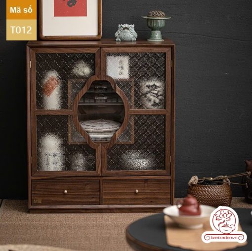 Tủ kệ trà kết hợp bàn pha trà, trưng bày ấm chén dụng cụ trà trang trí không gian trà đạo. Tủ kệ trà dùng trang trí trong phòng khách. Tủ kệ trưng bày ấm chén dụng cụ trà đa năng T012