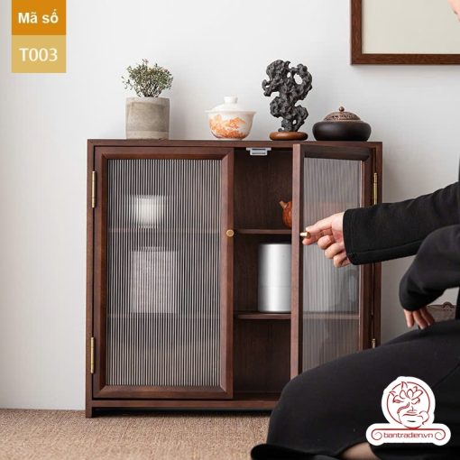 Tủ kệ trà trưng bày ấm chén dụng cụ trà trang trí không gian trà đạo. Tủ kệ trà dùng trong phòng khách. Tủ kệ trưng bày ấm chén dụng cụ trà 02 tầng size bé T002