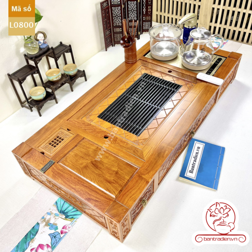 Bộ bàn pha trà điện thông minh đa năng cao cấp gỗ hương L0808 có ngăn kéo để đồ và khay đốt trầm