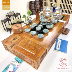 Bộ bàn pha trà điện thông minh đa năng cao cấp gỗ hương L0808 có ngăn kéo để đồ và khay đốt trầm