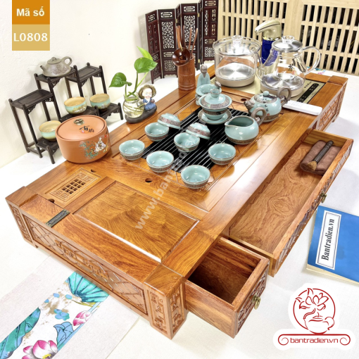 Bộ bàn pha trà điện thông minh đa năng cao cấp gỗ hương L0808 có ngăn kéo để đồ và khay đốt trầm