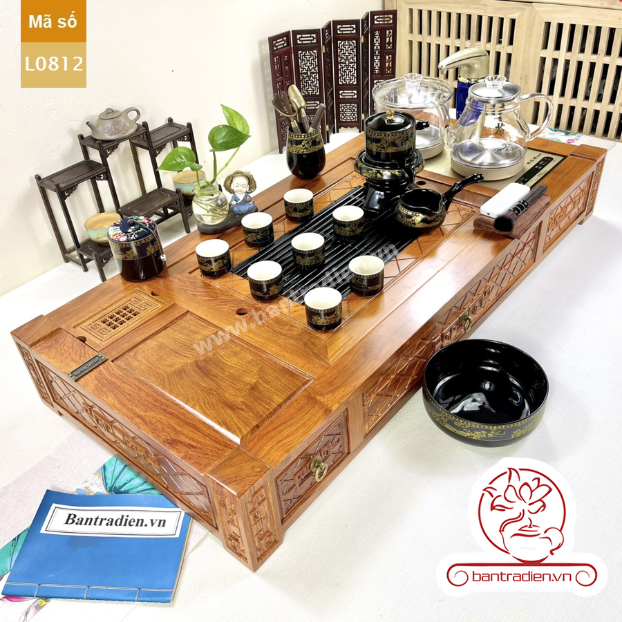 Bộ bàn pha trà điện thông minh đa năng cao cấp gỗ hương L0812 có ngăn kéo để đồ và khay đốt trầm
