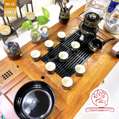 Bộ bàn pha trà điện thông minh đa năng cao cấp gỗ hương L0812 có ngăn kéo để đồ và khay đốt trầm