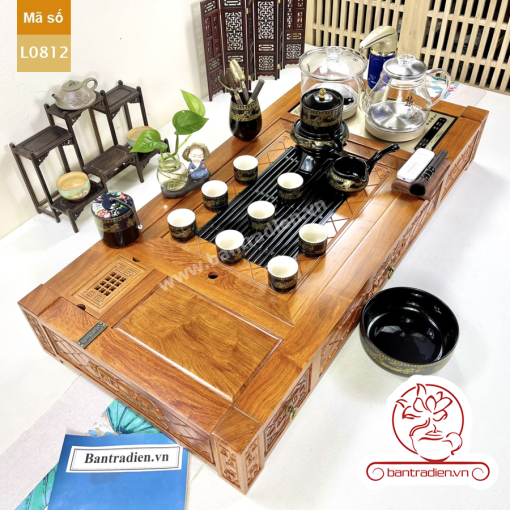Bộ bàn pha trà điện thông minh đa năng cao cấp gỗ hương L0812 có ngăn kéo để đồ và khay đốt trầm