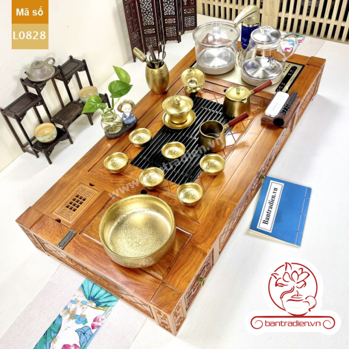 Bộ bàn pha trà điện thông minh đa năng cao cấp gỗ hương L0828 có ngăn kéo để đồ và khay đốt trầm