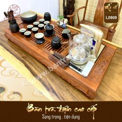 Bộ bàn pha trà điện thông minh đa năng cao cấp gỗ hương Hoa Khai Phú Quý L0909 có hộp đựng đồ