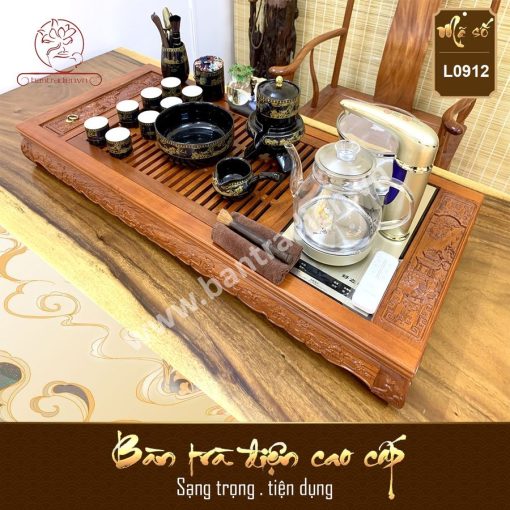 Bộ bàn pha trà điện thông minh đa năng cao cấp gỗ hương Hoa Khai Phú Quý L0912 có hộp đựng đồ