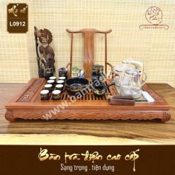Bộ bàn pha trà điện thông minh đa năng cao cấp gỗ hương Hoa Khai Phú Quý L0912 có hộp đựng đồ