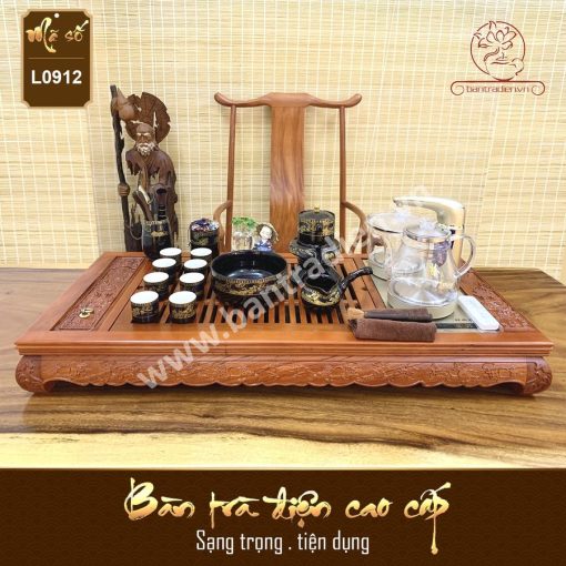 Bộ bàn pha trà điện thông minh đa năng cao cấp gỗ hương Hoa Khai Phú Quý L0912 có hộp đựng đồ