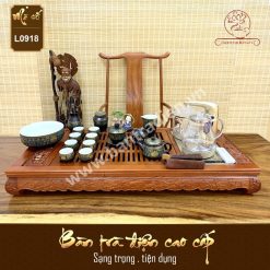 Bộ bàn pha trà điện thông minh đa năng cao cấp gỗ hương Hoa Khai Phú Quý L0918 có hộp đựng đồ