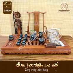 Bộ bàn pha trà điện thông minh đa năng cao cấp gỗ hương Hoa Khai Phú Quý L0930 có hộp đựng đồ