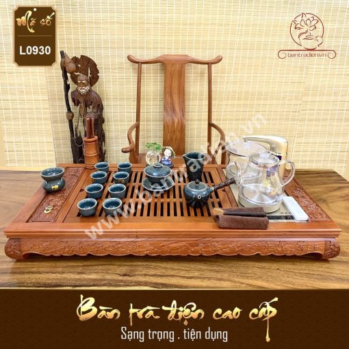 Bộ bàn pha trà điện thông minh đa năng cao cấp gỗ hương Hoa Khai Phú Quý L0930 có hộp đựng đồ