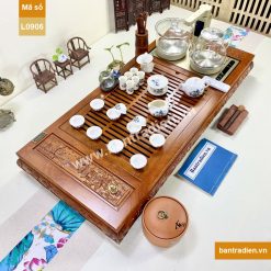 Bộ bàn pha trà điện thông minh đa năng cao cấp gỗ hương Hoa Khai Phú Quý L0906 có hộp đựng đồ