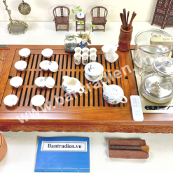 Bộ bàn pha trà điện thông minh đa năng cao cấp gỗ hương Hoa Khai Phú Quý L0906 có hộp đựng đồ