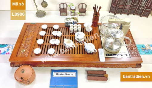 Bộ bàn pha trà điện thông minh đa năng cao cấp gỗ hương Hoa Khai Phú Quý L0906 có hộp đựng đồ