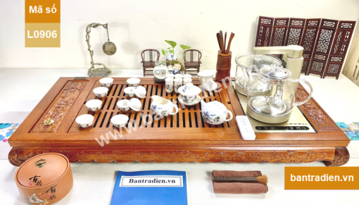 Bộ bàn pha trà điện thông minh đa năng cao cấp gỗ hương Hoa Khai Phú Quý L0906 có hộp đựng đồ